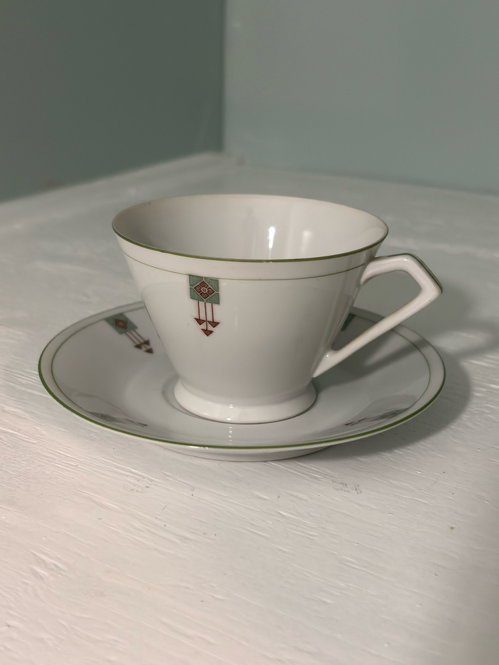Rare Vintage N88 Green & Brown Geo Cup & Saucer Set 2pc Made In Occupied Japan